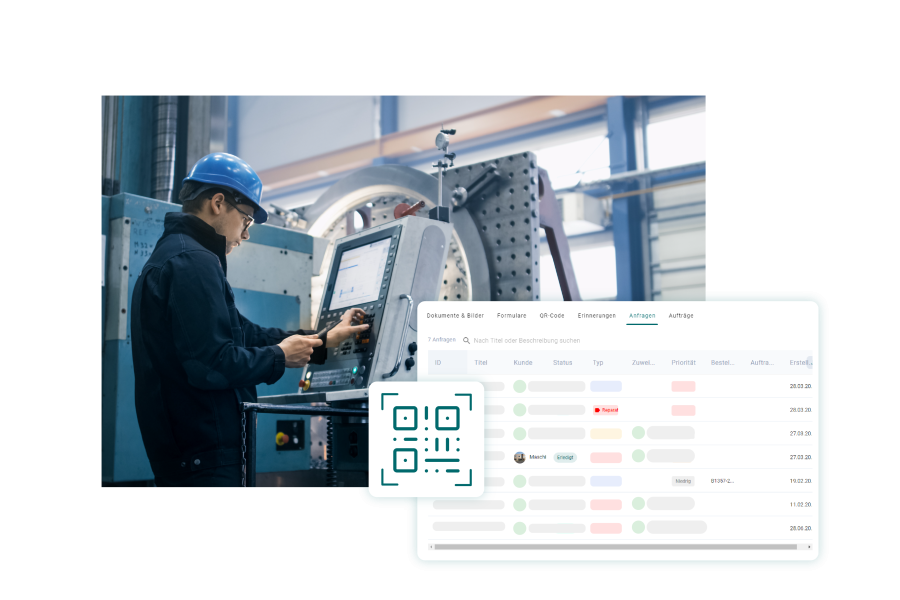 Mitarbeiter in Uniform, der eine CNC-Fräsmaschine bedient. Davor ist eine Abbildung aus der Softwareabbildung SIMPL, mit einer Liste aller Anfragen zu der jeweiligen Maschine und einer QR-Code Darstellung