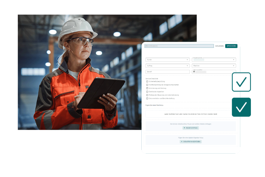 Mitarbeiterin in einer Fabrikhalle mit einem Tablet in der Hand, die digitale Formulare und Checklisten ausfüllt